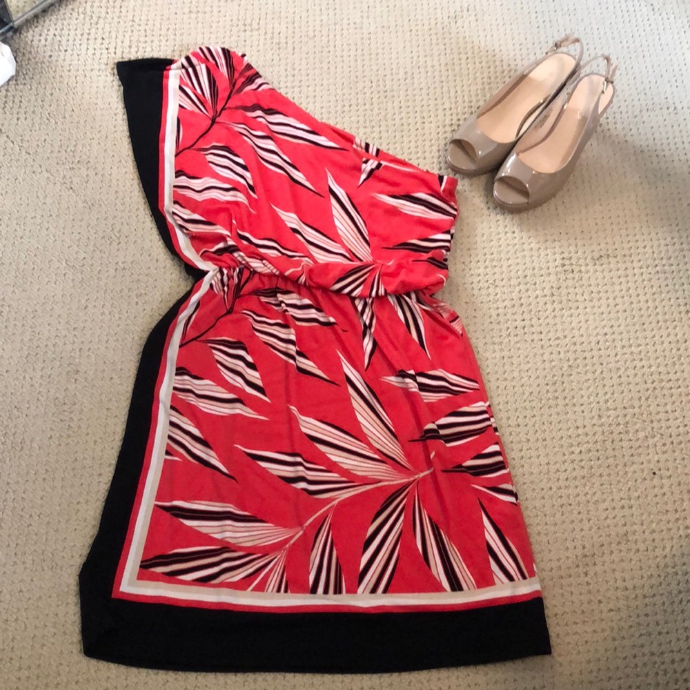 Coral, tan and black single shoulder dress